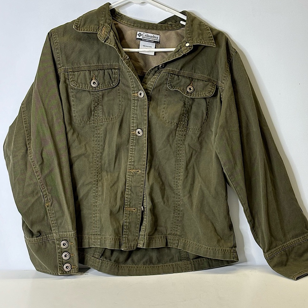 Columbia Jean Jacket Womens Large Taupe Olive Green Denim Shirt Button Front LS